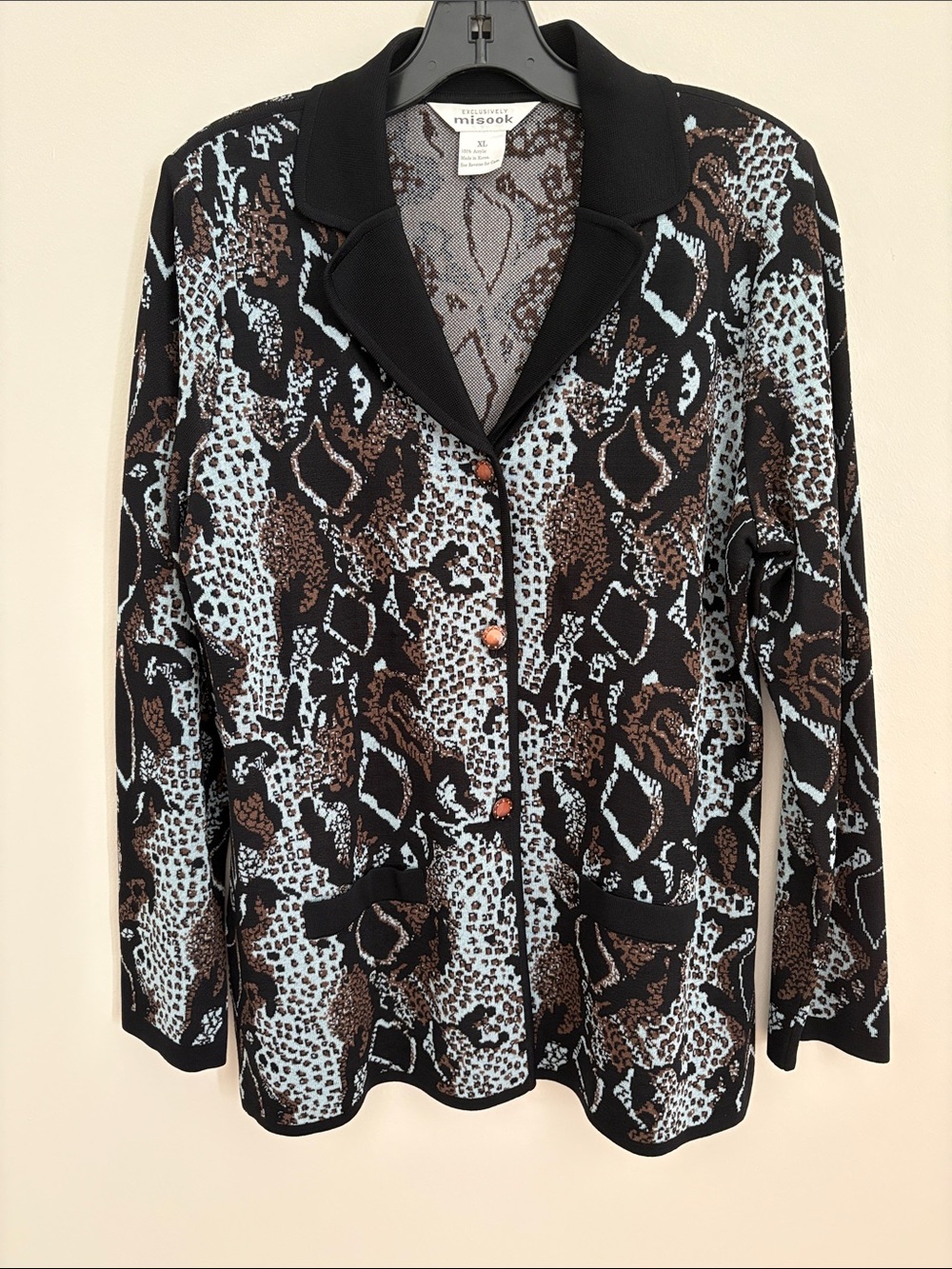 Misook Black, Brown & Light Blue Animal-Print Knit Blazer